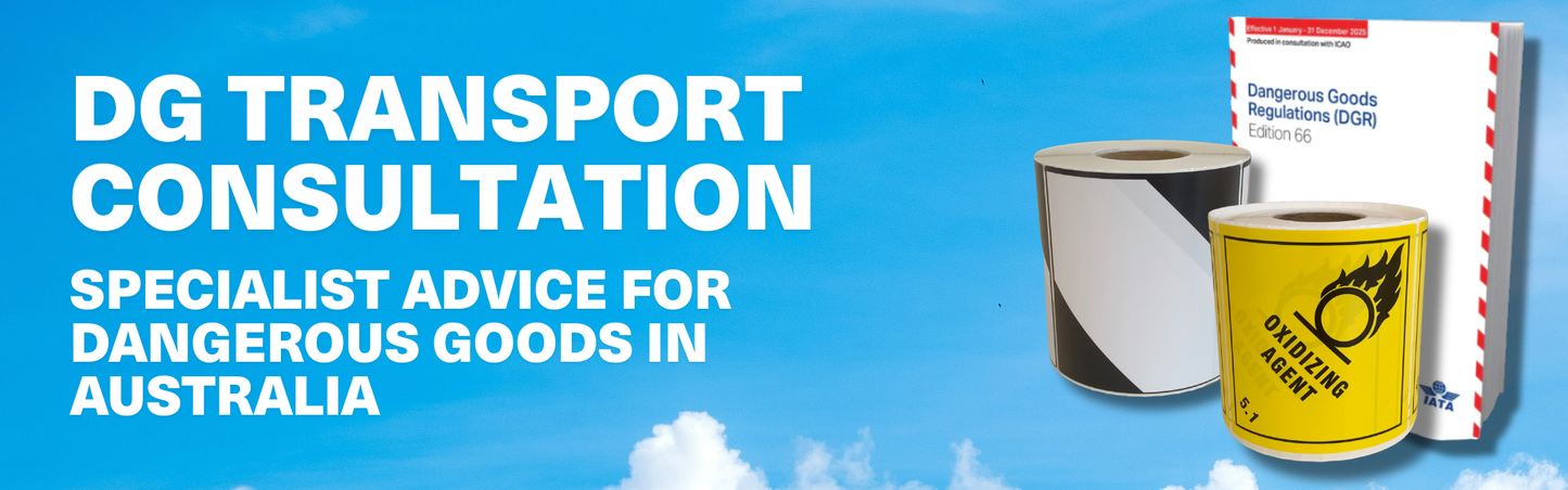 DG Transport Consultation advertisement with hazardous material labels on a blue background