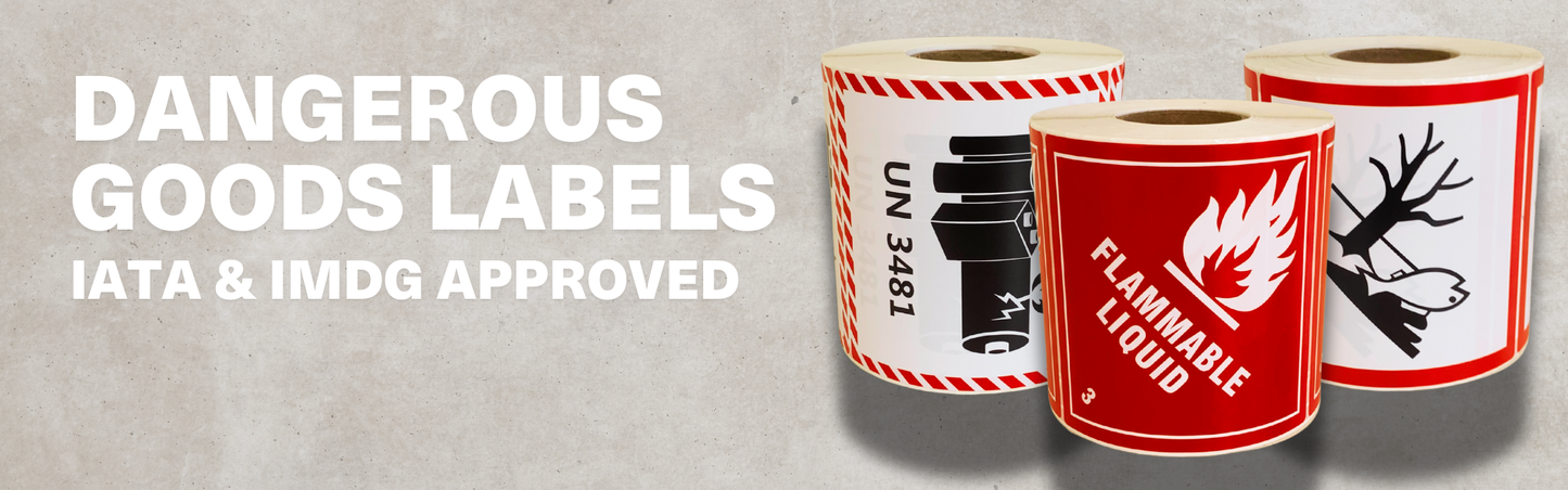 Three IATA & IMDG approved dangerous goods labels on a gray background